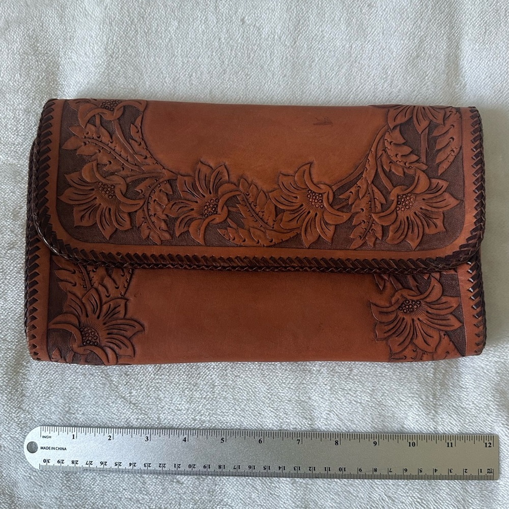 COPY - Vintage Floral Tooled Embossed Large Leather Clutch